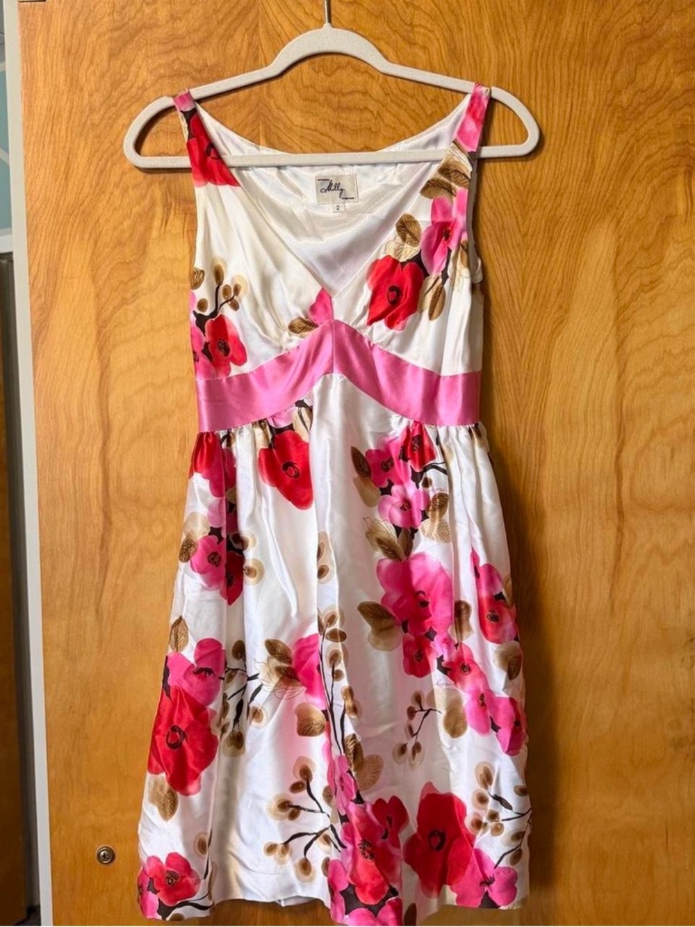 Milly of New York 100% silk satin red and pink floral a line mini dress